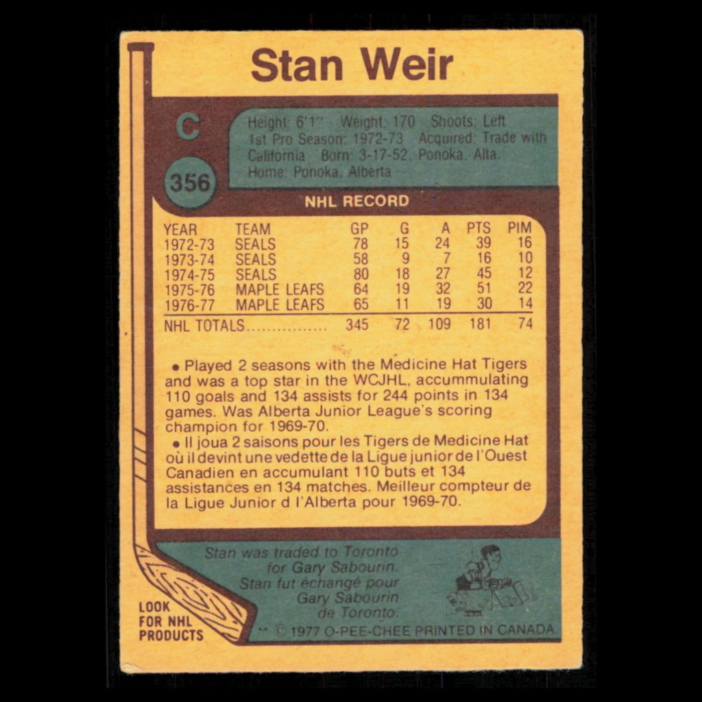Stan Weir #356 1977 O-Pee-Chee Toronto Maple Leafs Hockey Card NHL NM