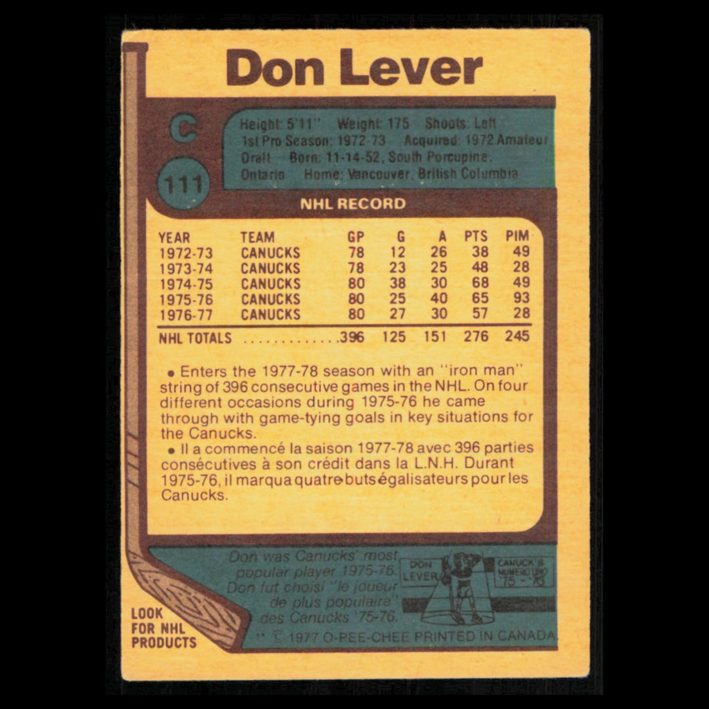 Don Lever #111 1977 O-Pee-Chee Vancouver Canucks Hockey Card NHL NM