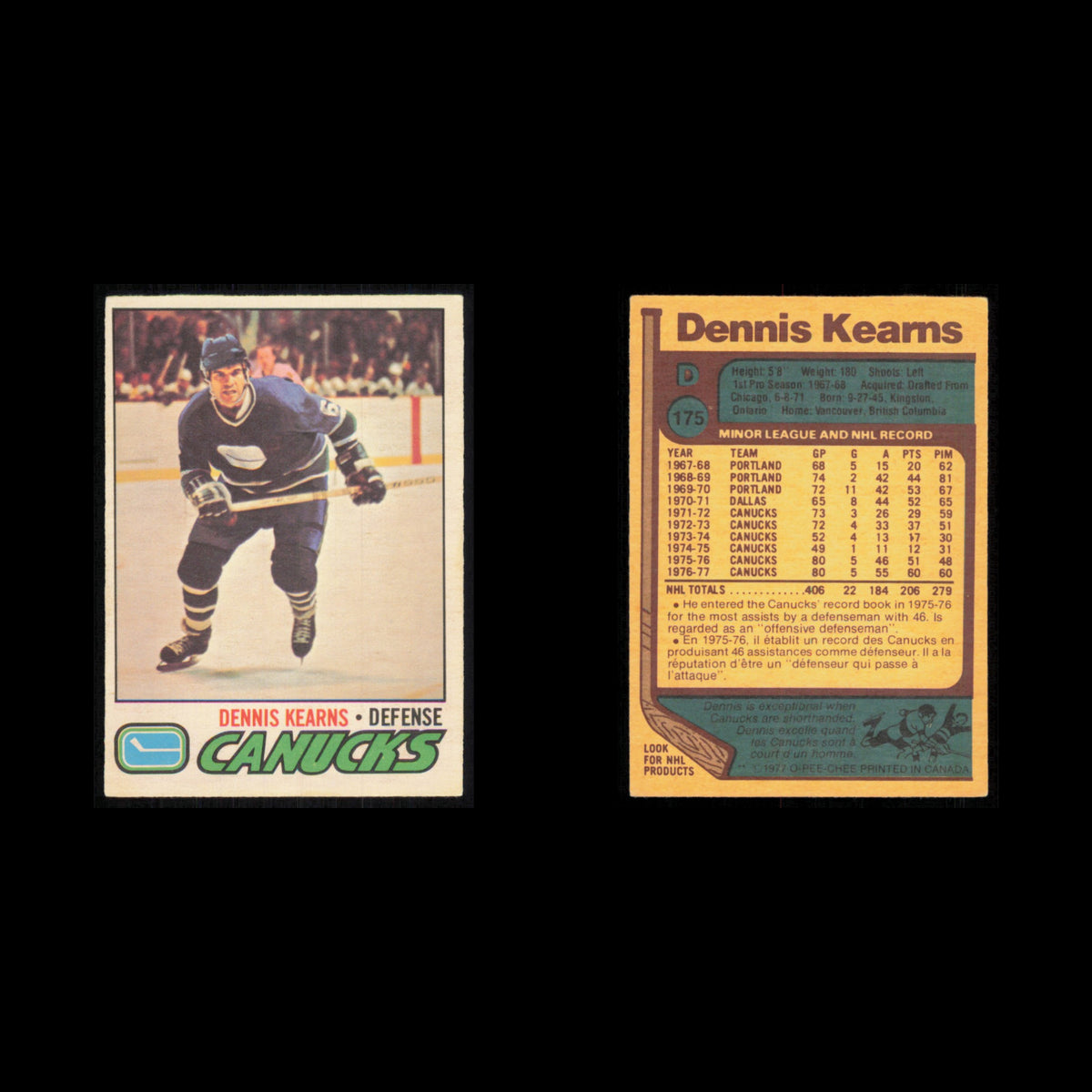 Dennis Kearns #175 1977 O-Pee-Chee Vancouver Canucks Hockey Card NHL NM
