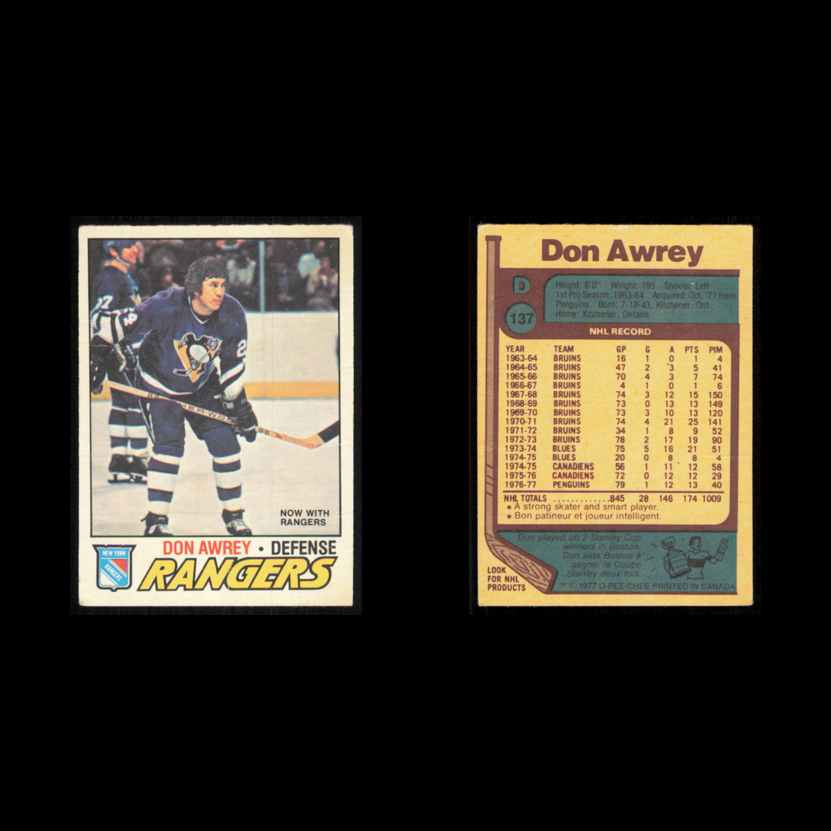 Don Awrey #137 1977 O-Pee-Chee New York Rangers Hockey Card NHL NM