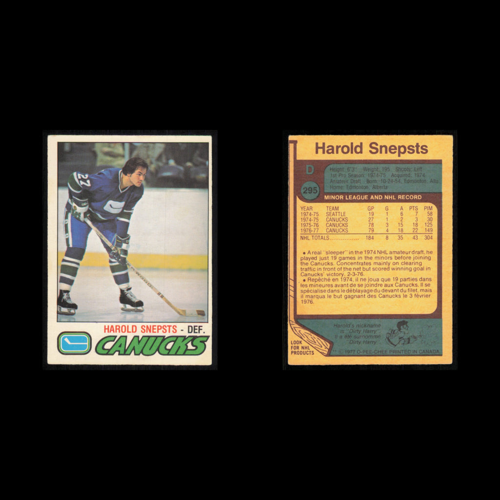 Harold Snepsts #295 1977 O-Pee-Chee Vancouver Canucks Hockey Card NHL NM