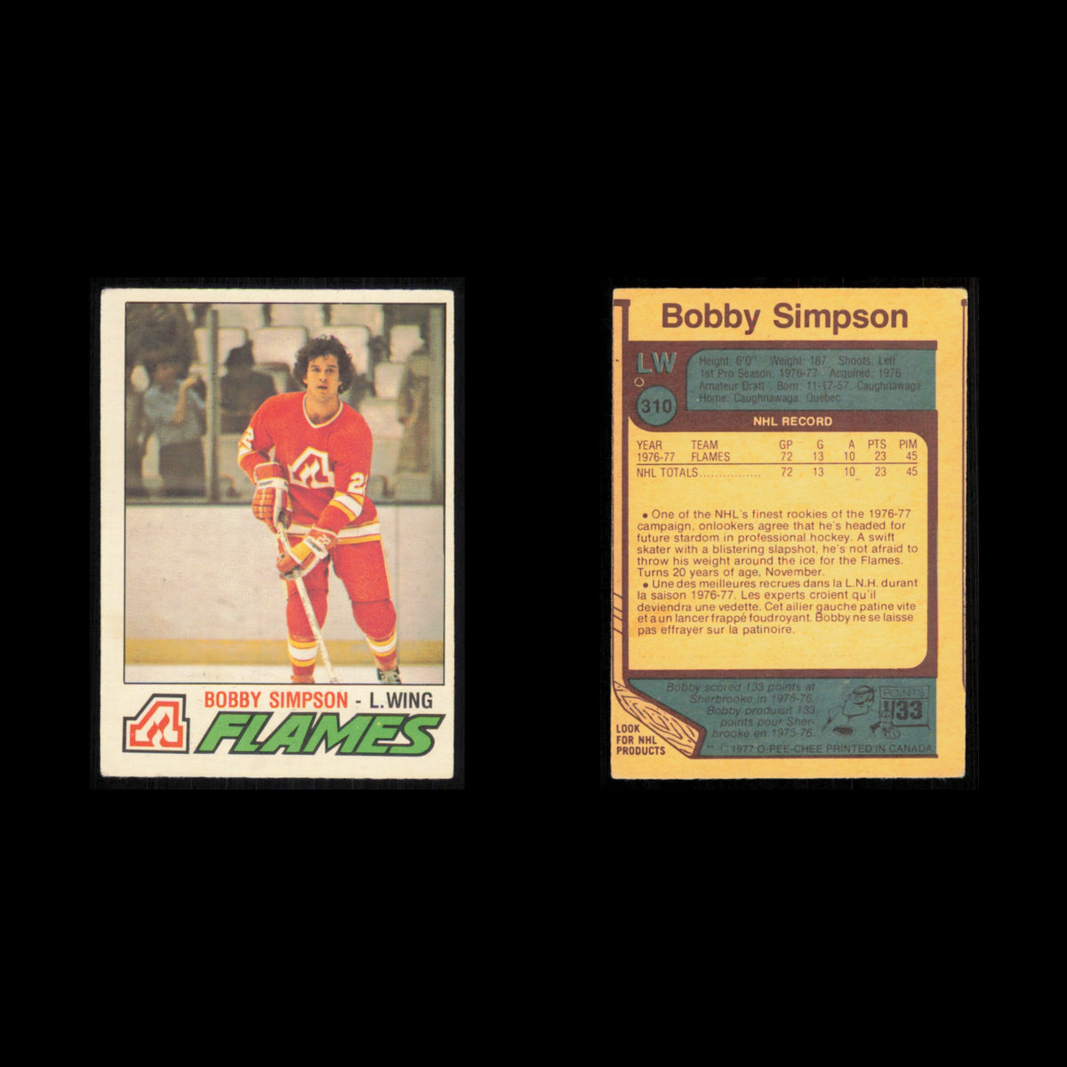 Bobby Simpson Rookie #310 1977 O-Pee-Chee Atlanta Flames Hockey Card NHL NM