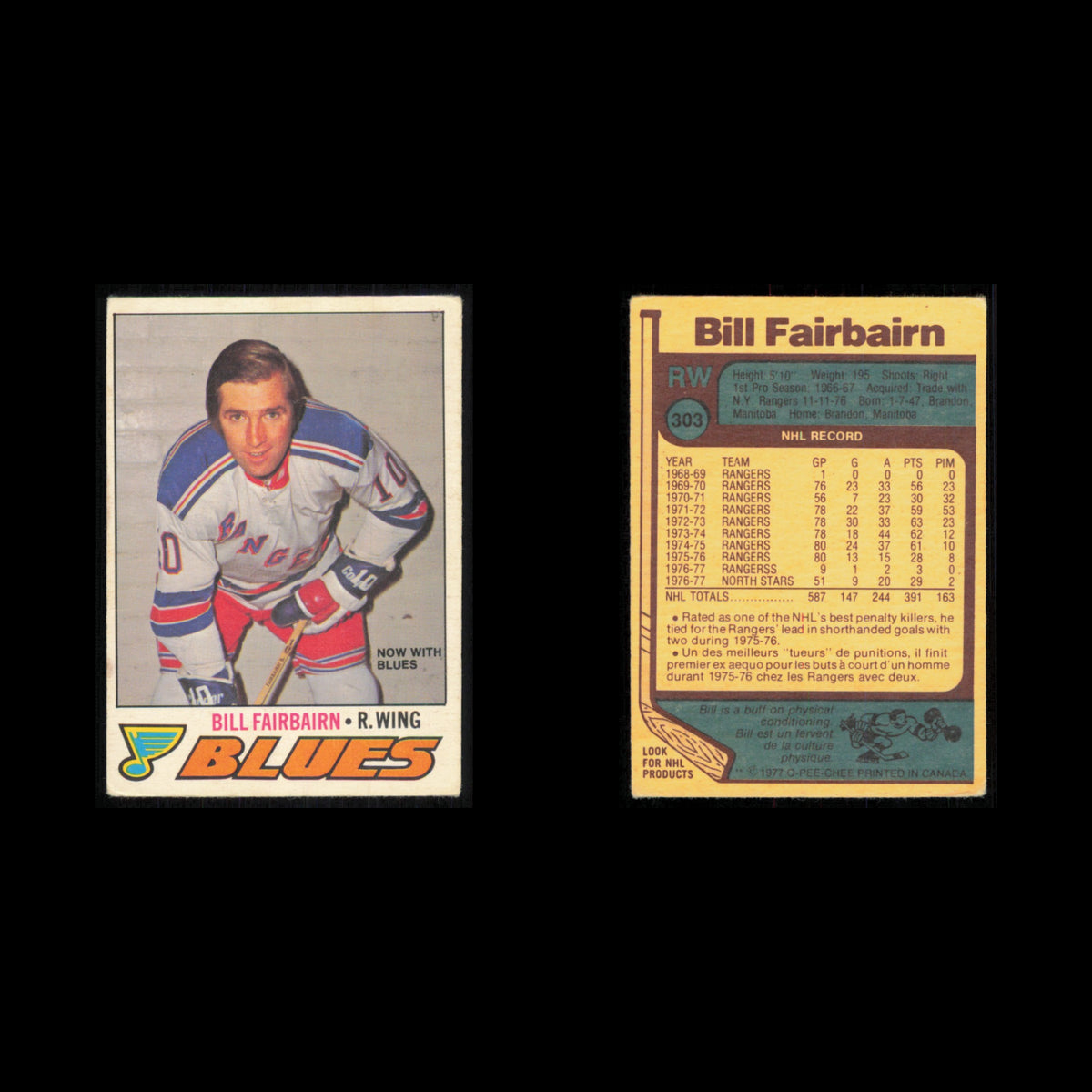 Bill Fairbairn #303 1977 O-Pee-Chee St. Louis Blues Hockey Card NHL NM