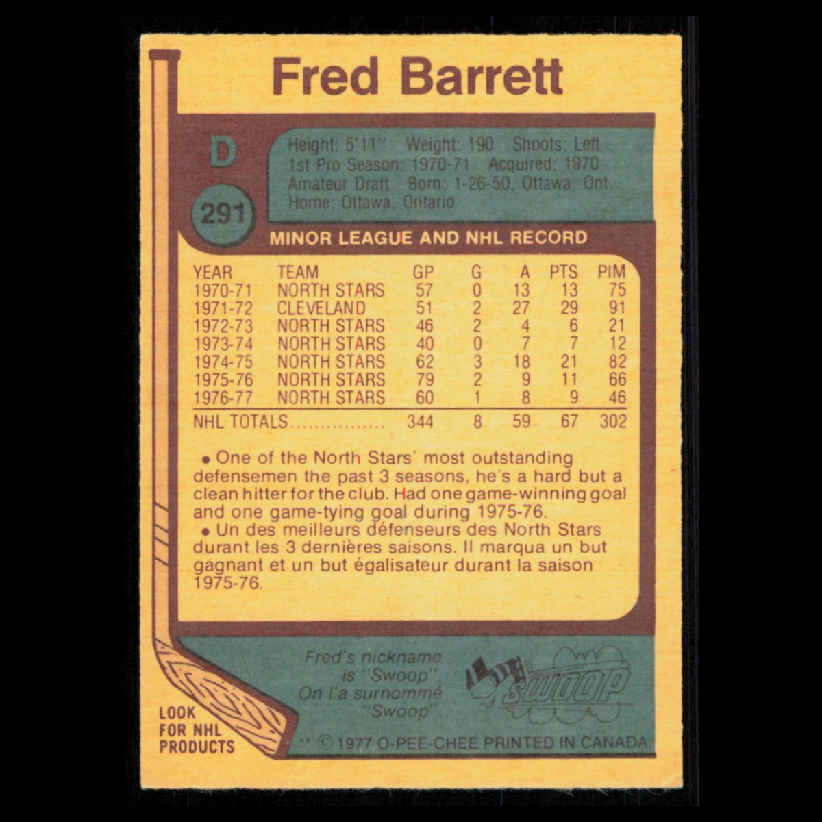 Fred Barrett #291 1977 O-Pee-Chee Minnesota North Stars Hockey Card NHL NM