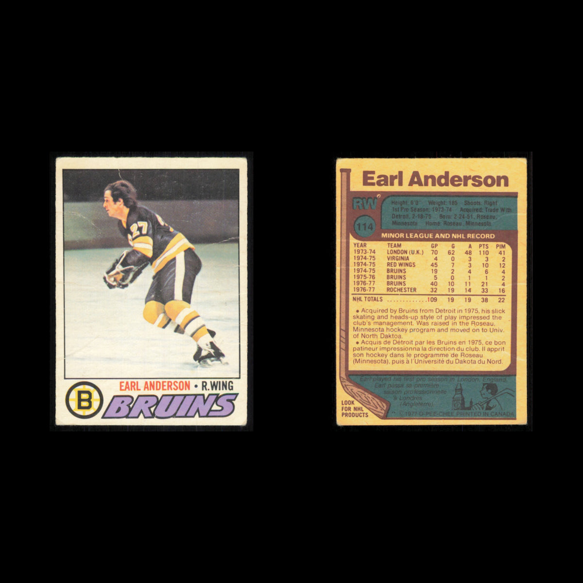 Earl Anderson Rookie #114 1977 O-Pee-Chee Boston Bruins Hockey Card NHL NM