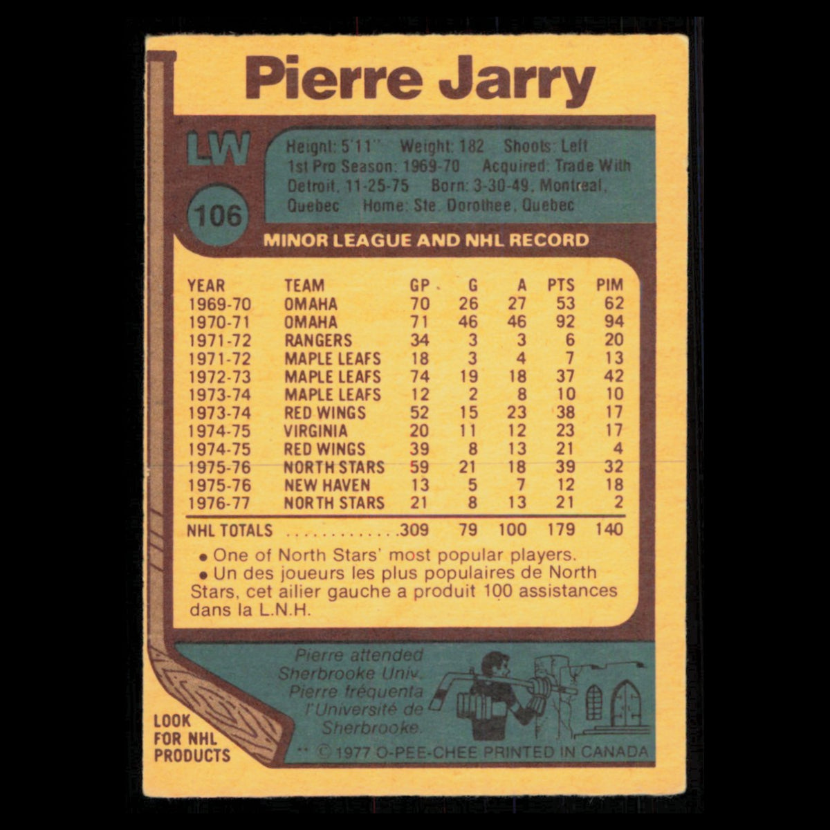 Pierre Jarry #106 1977 O-Pee-Chee Minnesota North Stars Hockey Card NHL NM