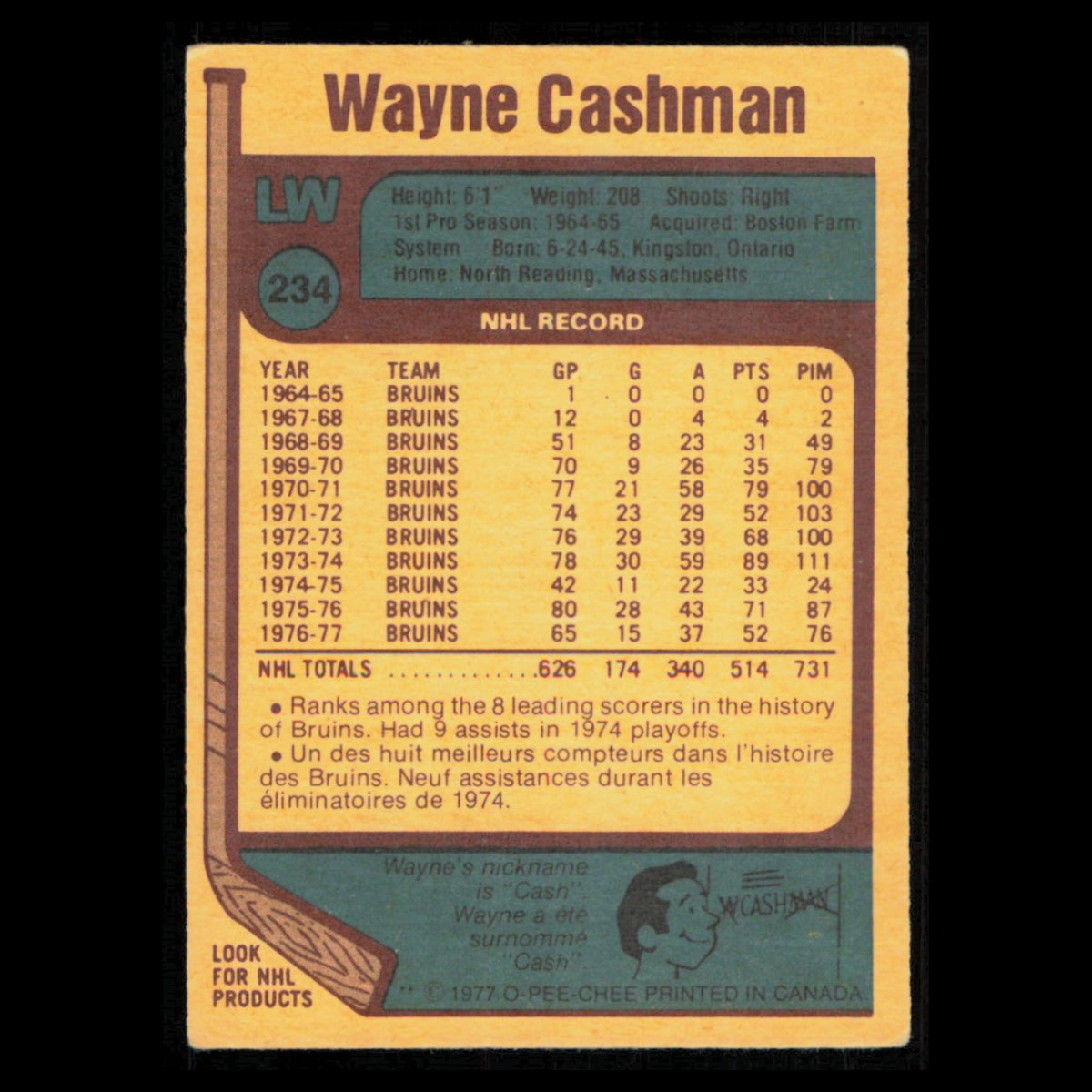 Wayne Cashman #234 1977 O-Pee-Chee Boston Bruins Hockey Card NHL NM
