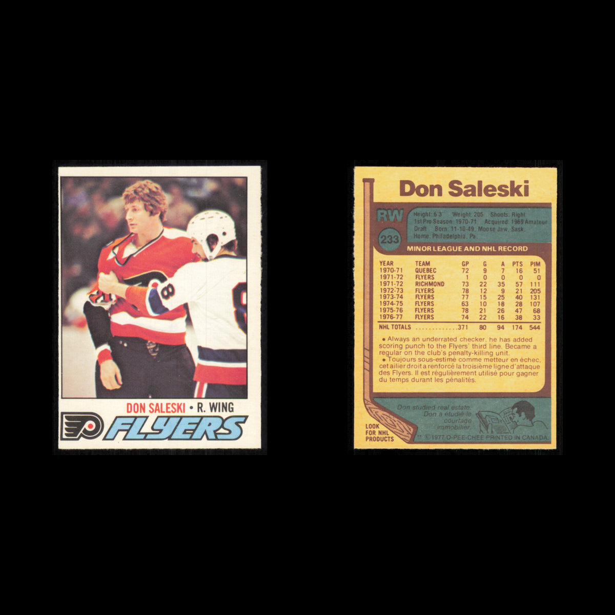Don Saleski #233 1977 O-Pee-Chee Philadelphia Flyers Hockey Card NHL NM