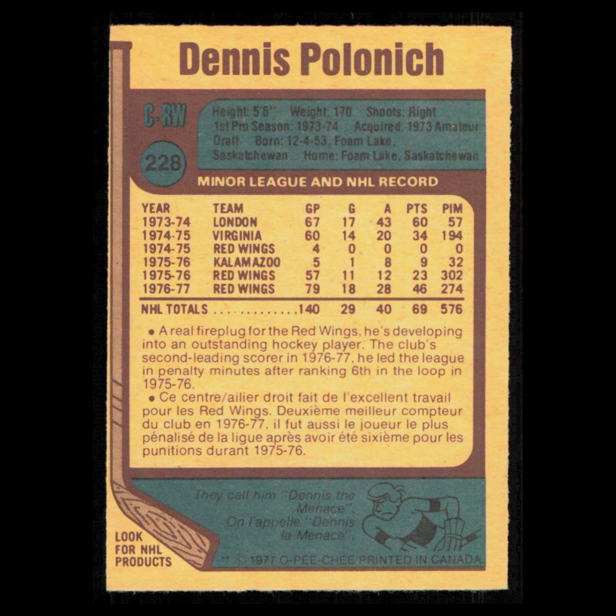 Dennis Polonich Rookie #228 1977 O-Pee-Chee Detroit Red Wings Hockey Card NHL NM