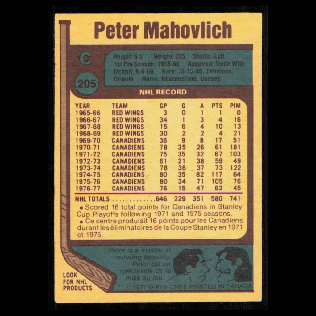 Pete Mahovlich #205 1977 O-Pee-Chee Montreal Canadiens Hockey Card NHL NM