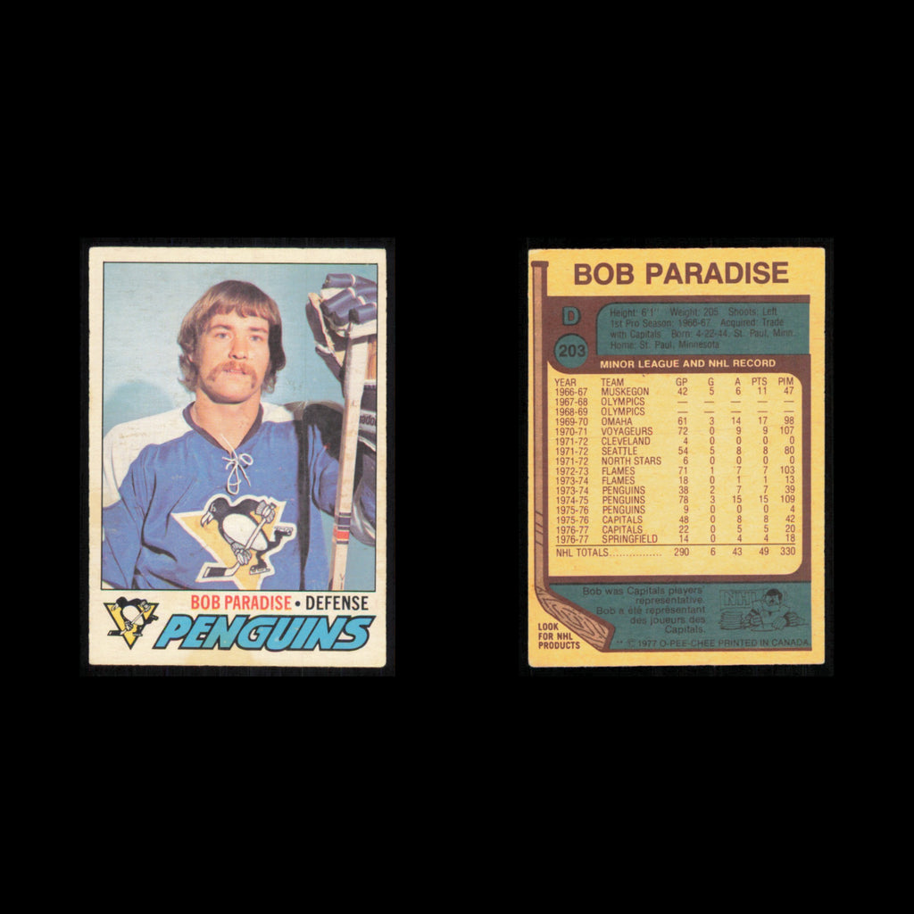 Bob Paradise #203 1977 O-Pee-Chee Pittsburgh Penguins Hockey Card NHL NM