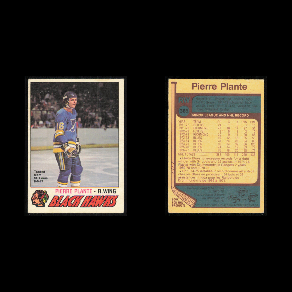 Pierre Plante #385 1977 O-Pee-Chee Chicago Blackhawks Hockey Card NHL NM