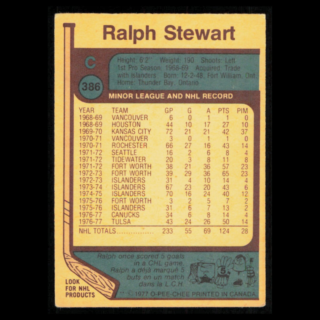 Ralph Stewart #386 1977 O-Pee-Chee Vancouver Canucks Hockey Card NHL NM