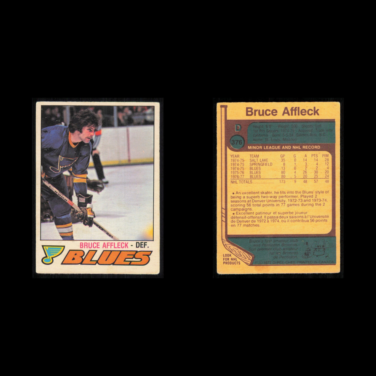 Bruce Affleck #376 1977 O-Pee-Chee St. Louis Blues Hockey Card NHL NM