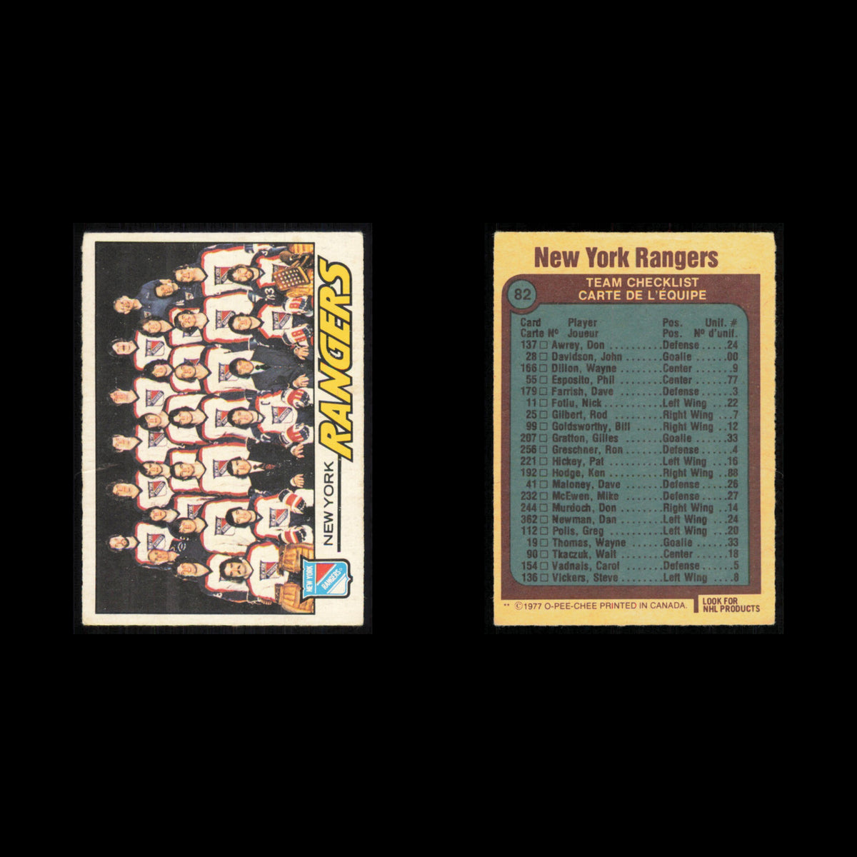 New York Rangers Team #82 1977 O-Pee-Chee New York Rangers Hockey Card NHL NM