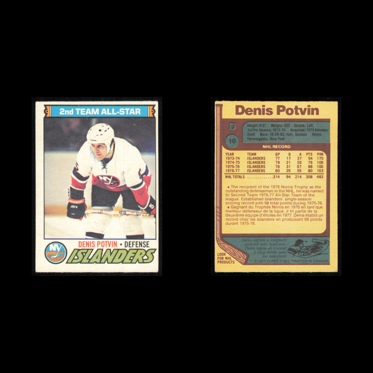 Denis Potvin #10 1977 O-Pee-Chee New York Islanders Hockey Card NHL NM