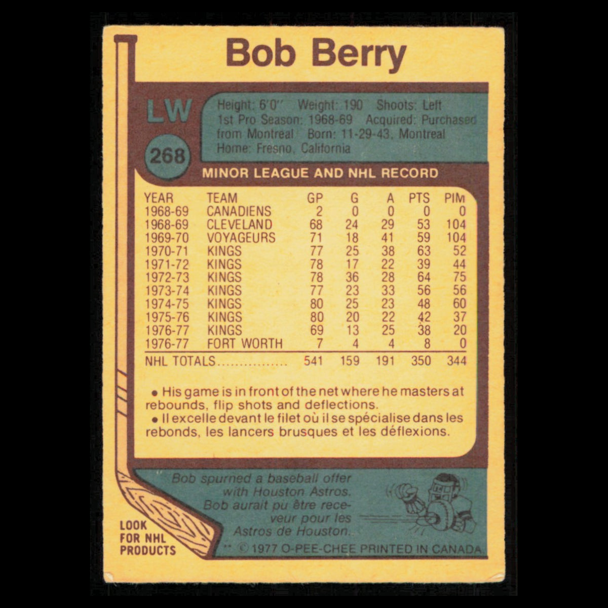 Bob Berry #268 1977 O-Pee-Chee Los Angeles Kings Hockey Card NHL NM
