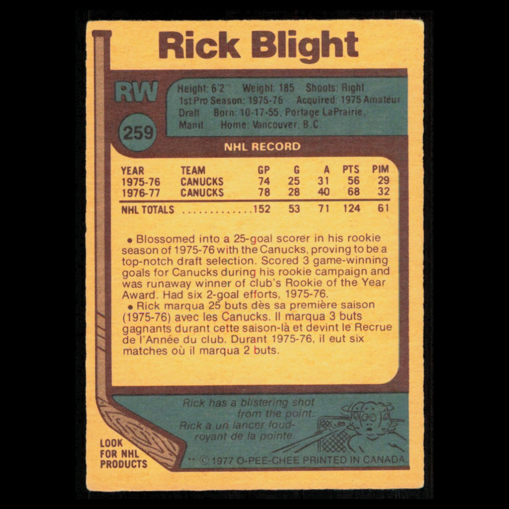 Rick Blight #259 1977 O-Pee-Chee Vancouver Canucks Hockey Card NHL NM