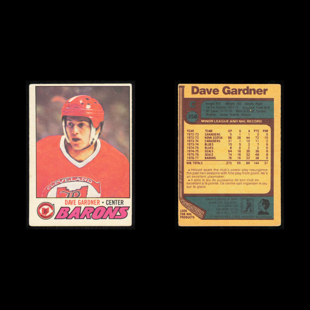 Dave Gardner #258 1977 O-Pee-Chee Cleveland Barons Hockey Card NHL NM
