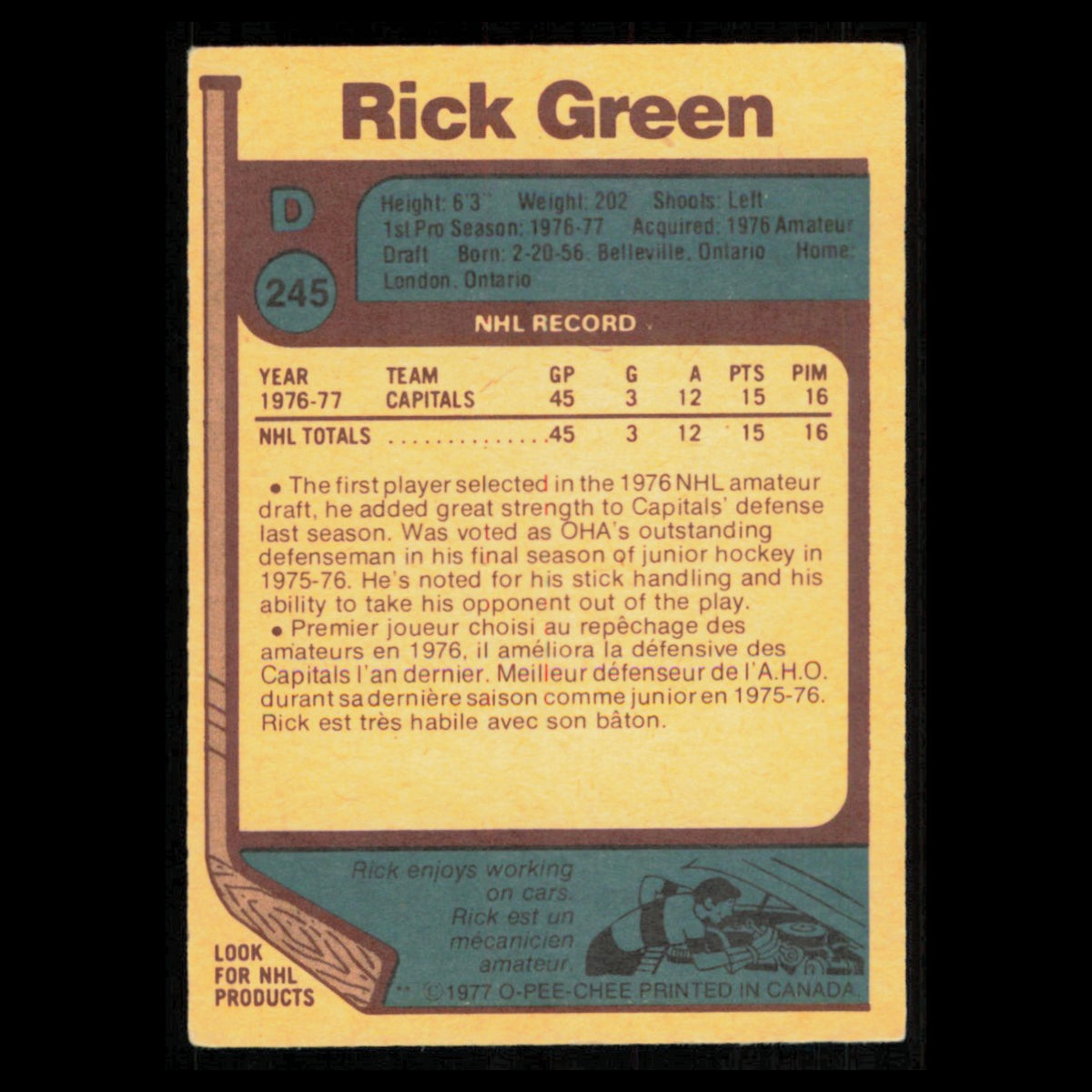 Rick Green Rookie #245 1977 O-Pee-Chee Washington Capitals Hockey Card NHL NM