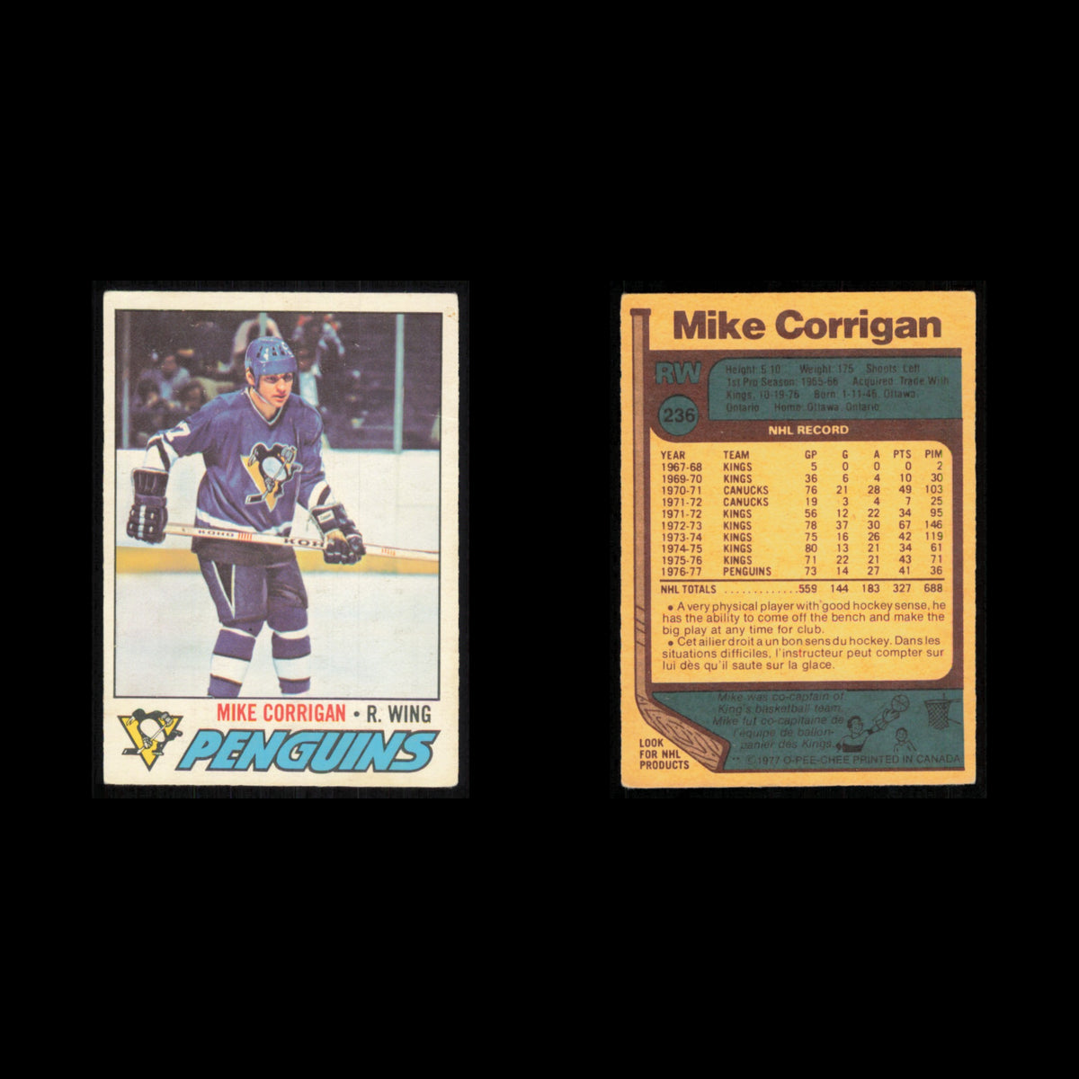 Mike Corrigan #236 1977 O-Pee-Chee Pittsburgh Penguins Hockey Card NHL NM
