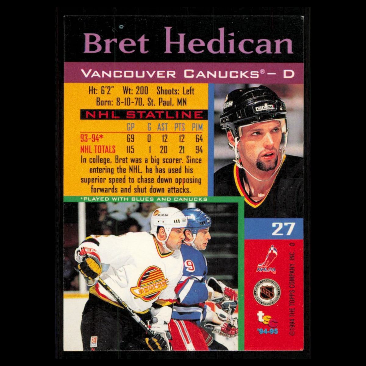 Bret Hedican #27 1994 Topps Stadium Club Super Teams Stanley Cup Collection Card
