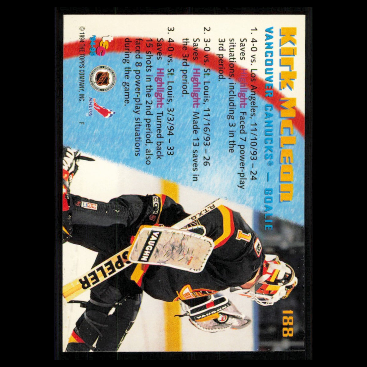 Kirk McLean #188 1994 Topps Stadium Club Super Teams Stanley Cup Collection Card