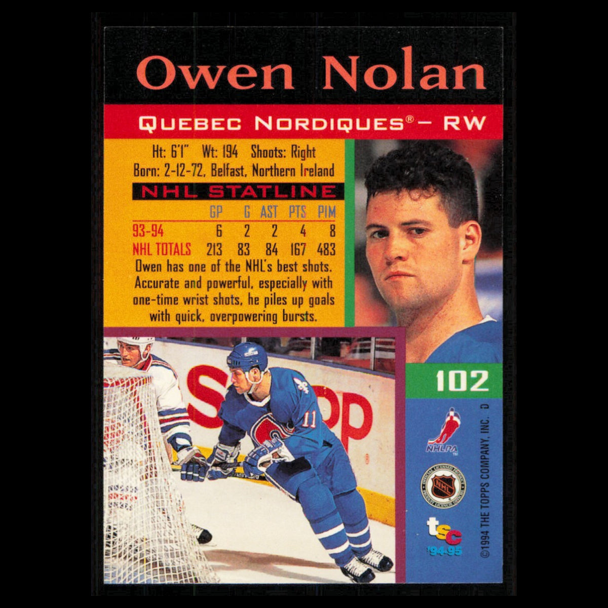 Owen Nolan #102 1994 Topps Stadium Club Super Teams Stanley Cup Collection Card