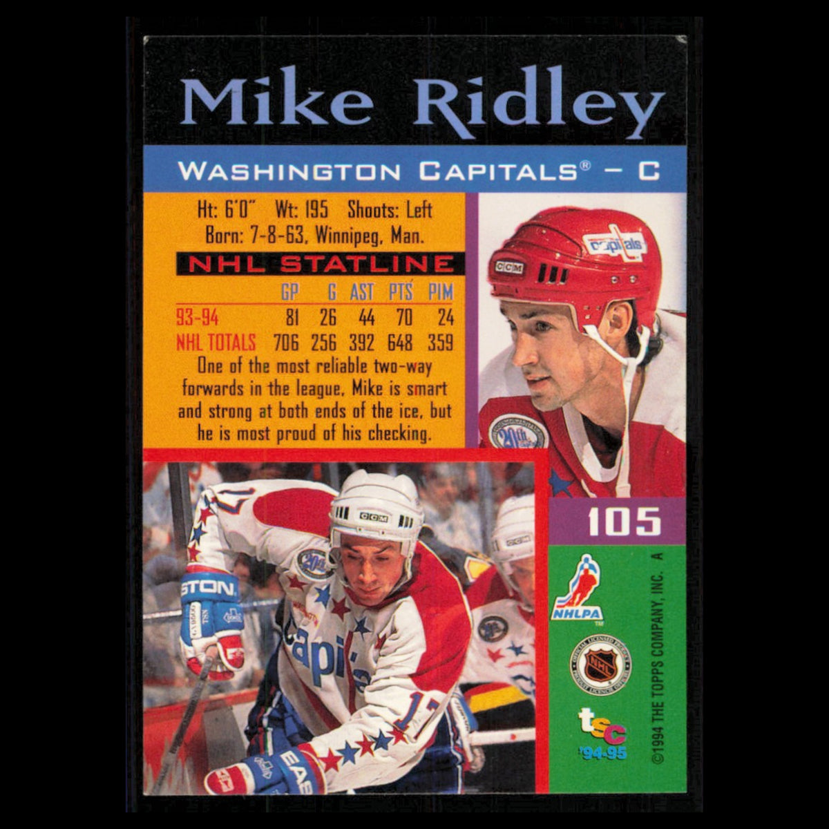 Mike Ridley #105 1994 Topps Stadium Club Super Teams Stanley Cup Collection Card