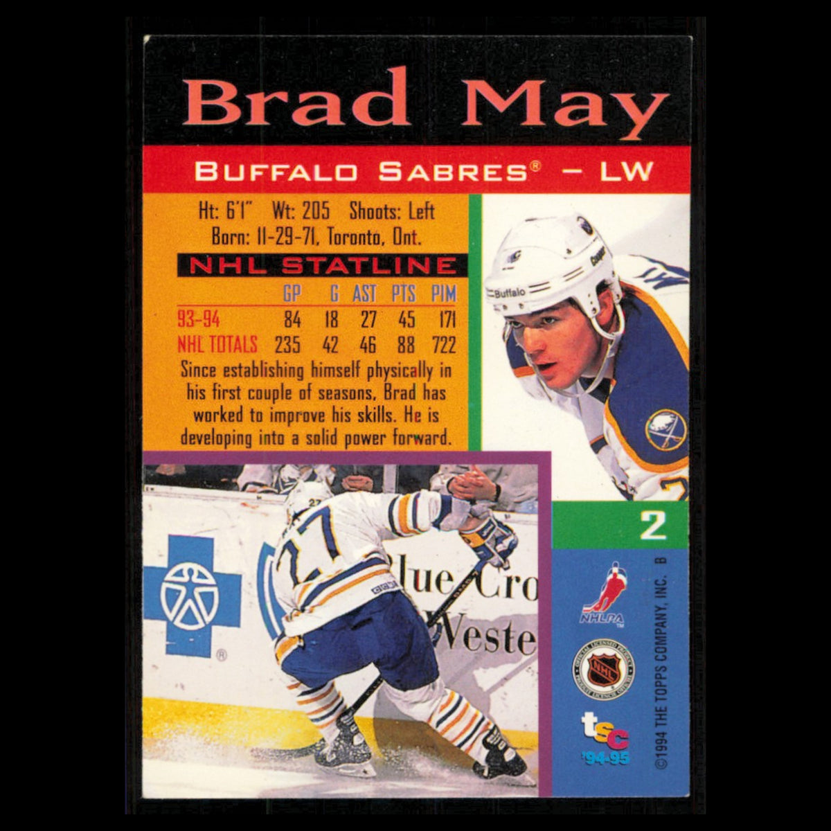Brad May #2 1994 Topps Stadium Club Super Teams Stanley Cup Collection Hockey NM