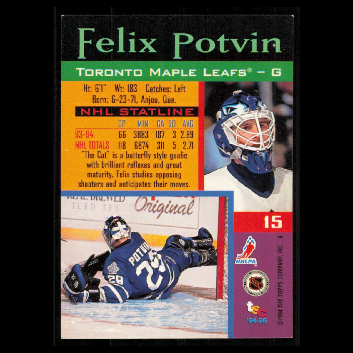 Felix Potvin #15 1994 Topps Stadium Club Super Teams Stanley Cup Collection Card