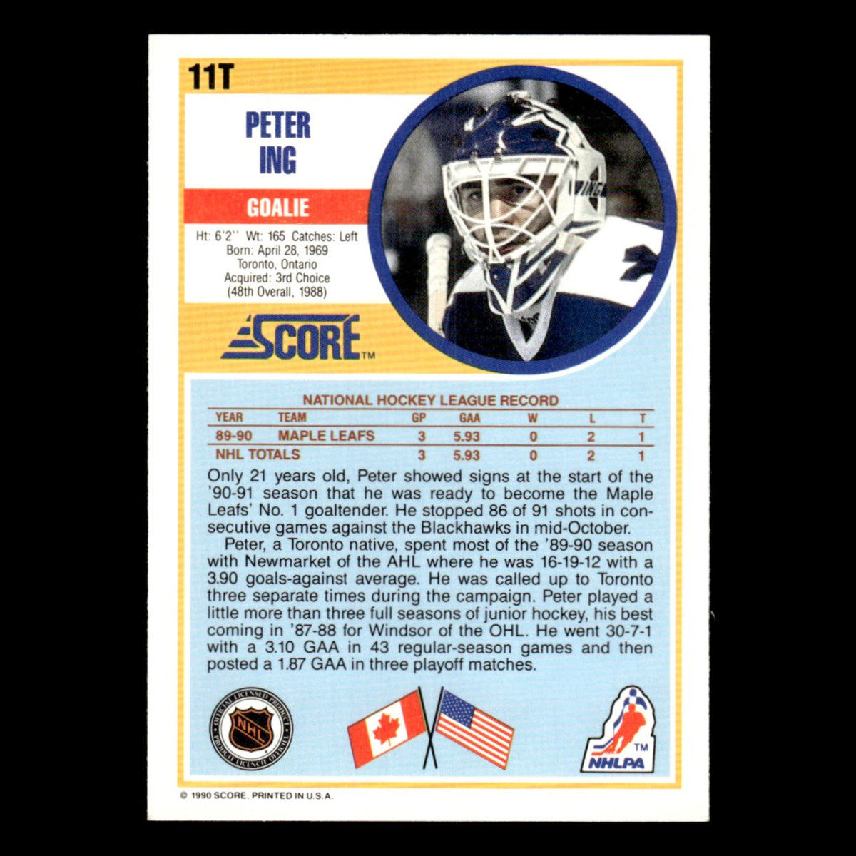Peter Ing Rookie #11T 1990 Score Rookie and Traded Toronto Maple Leafs Hockey NM