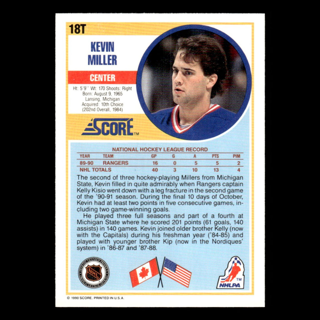 Kevin Miller Rookie #18T 1990 Score Rookie and Traded New York Rangers Hockey NM