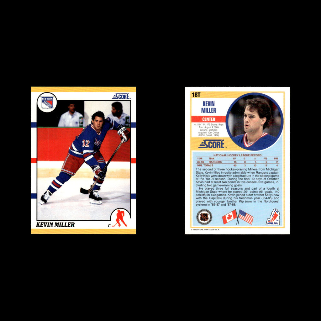 Kevin Miller Rookie #18T 1990 Score Rookie and Traded New York Rangers Hockey NM