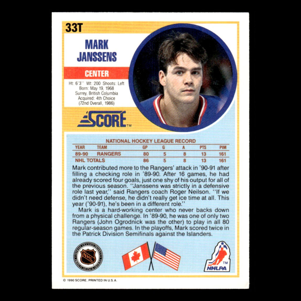 Mark Janssens Rookie #33T 1990 Score Rookie and Traded New York Rangers Hockey