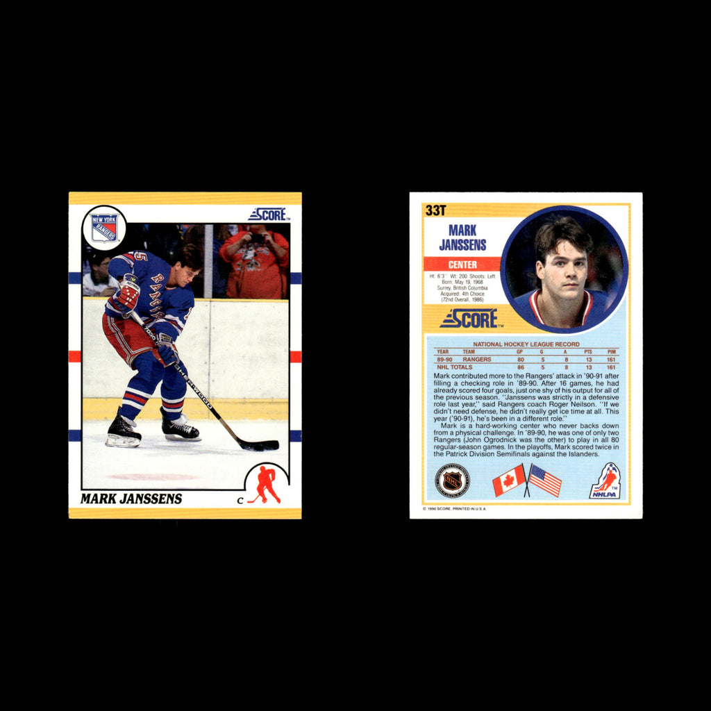 Mark Janssens Rookie #33T 1990 Score Rookie and Traded New York Rangers Hockey