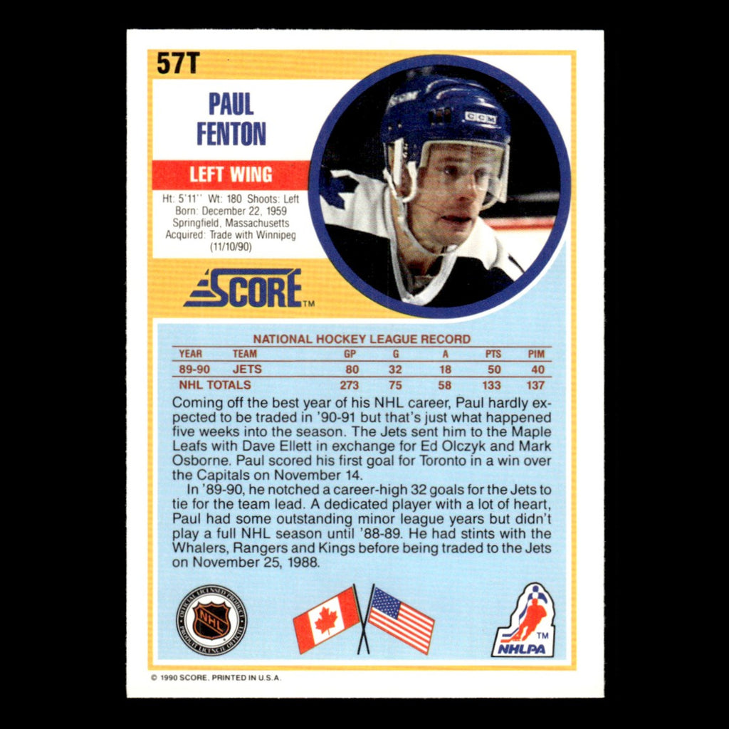 Paul Fenton #57T 1990 Score Rookie and Traded Toronto Maple Leafs Hockey Card NM