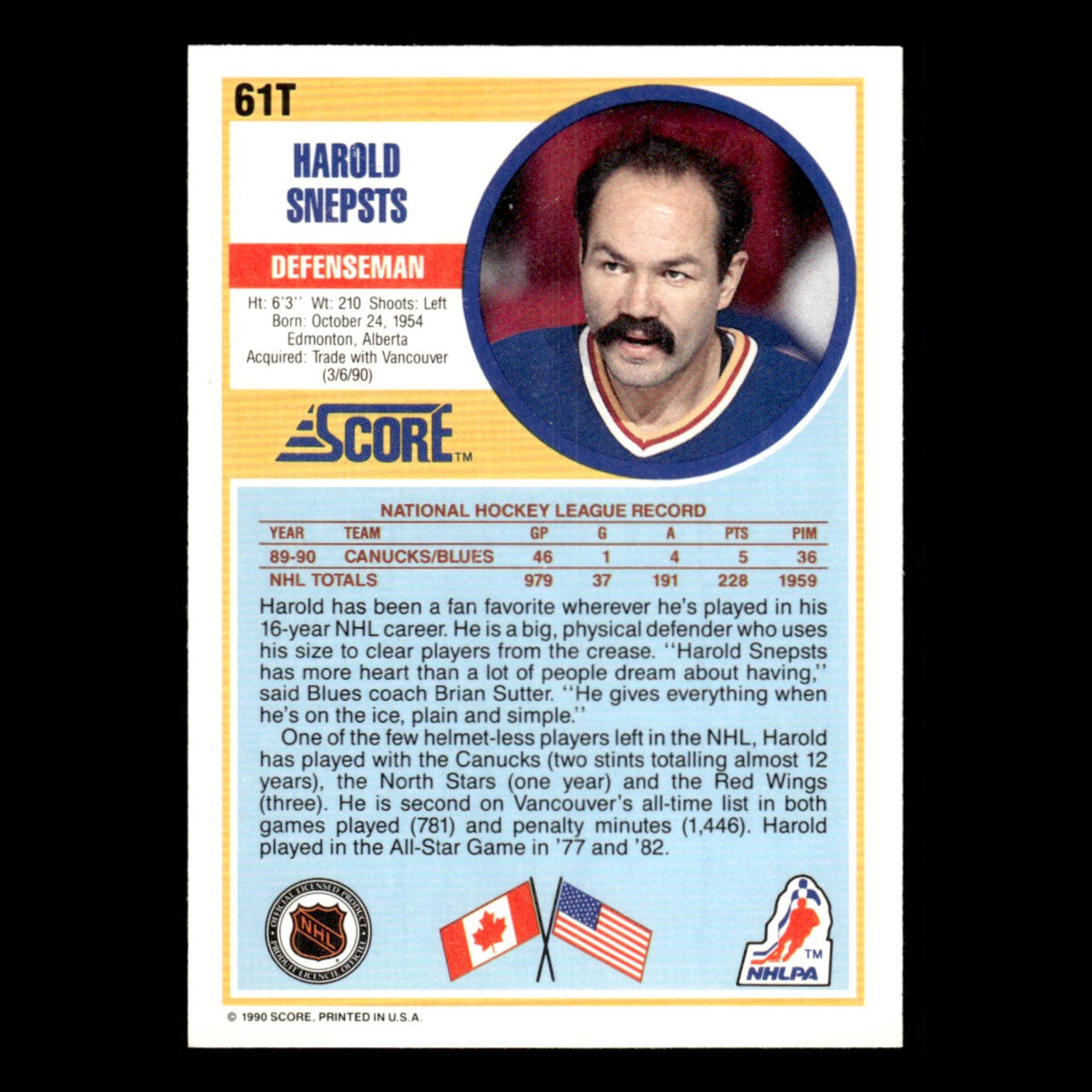 Harold Snepsts #61T 1990 Score Rookie and Traded St. Louis Blues Hockey Card NHL