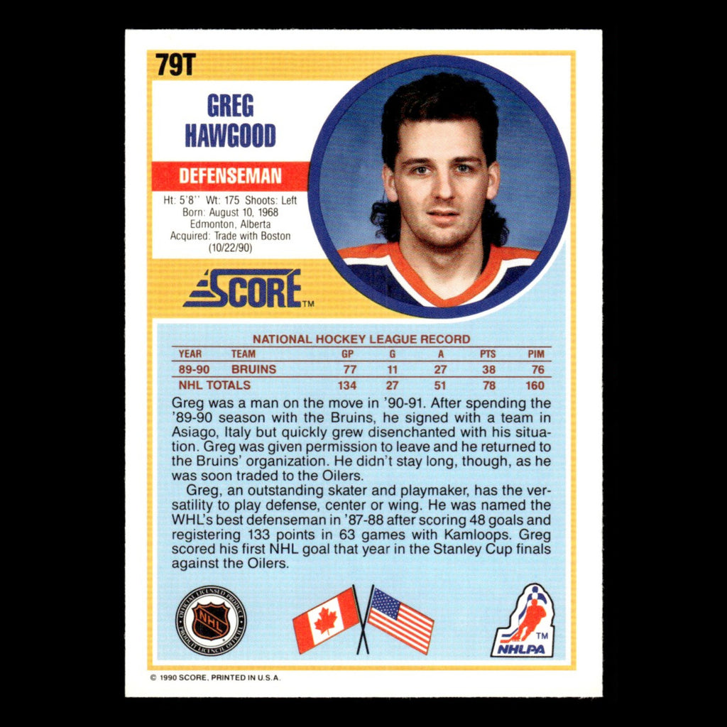 Greg Hawgood #79T 1990 Score Rookie and Traded Edmonton Oilers Hockey Card NHL