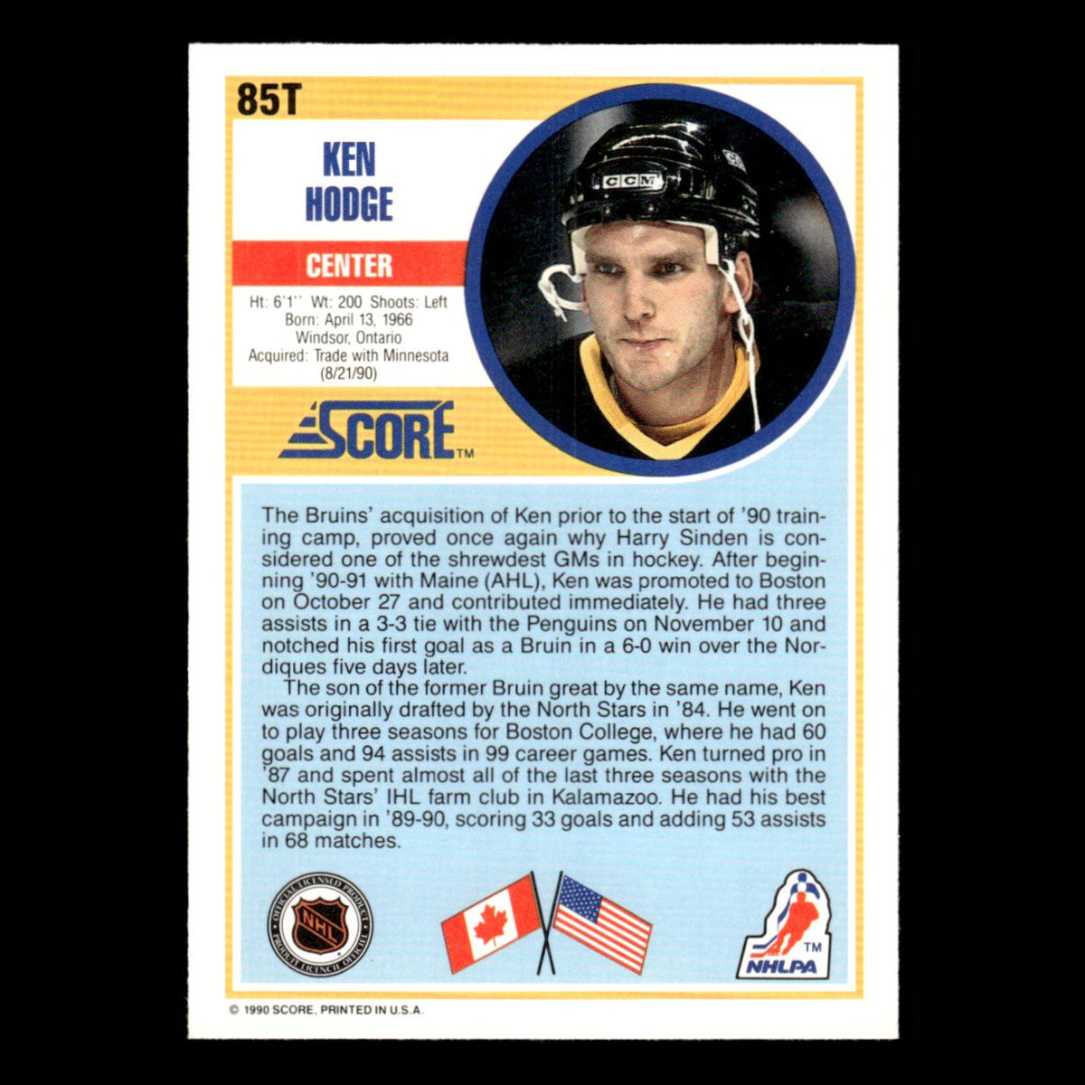 Ken Hodge Rookie #85T 1990 Score Rookie and Traded Boston Bruins Hockey Card NHL