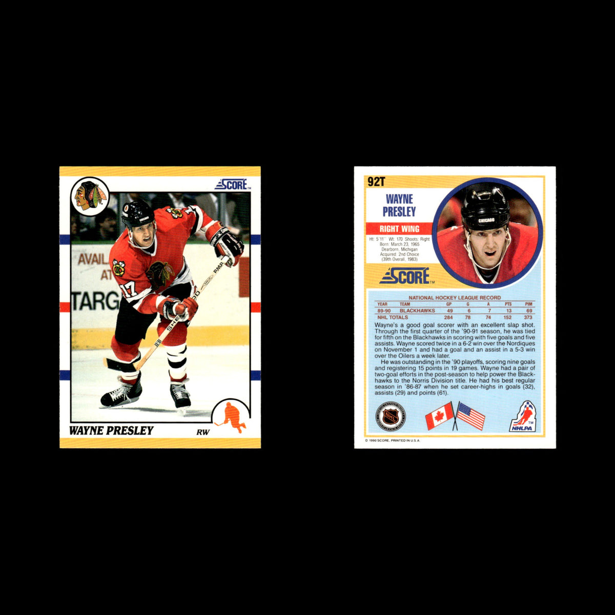 Wayne Presley #92T 1990 Score Rookie and Traded Chicago Blackhawks Hockey Card