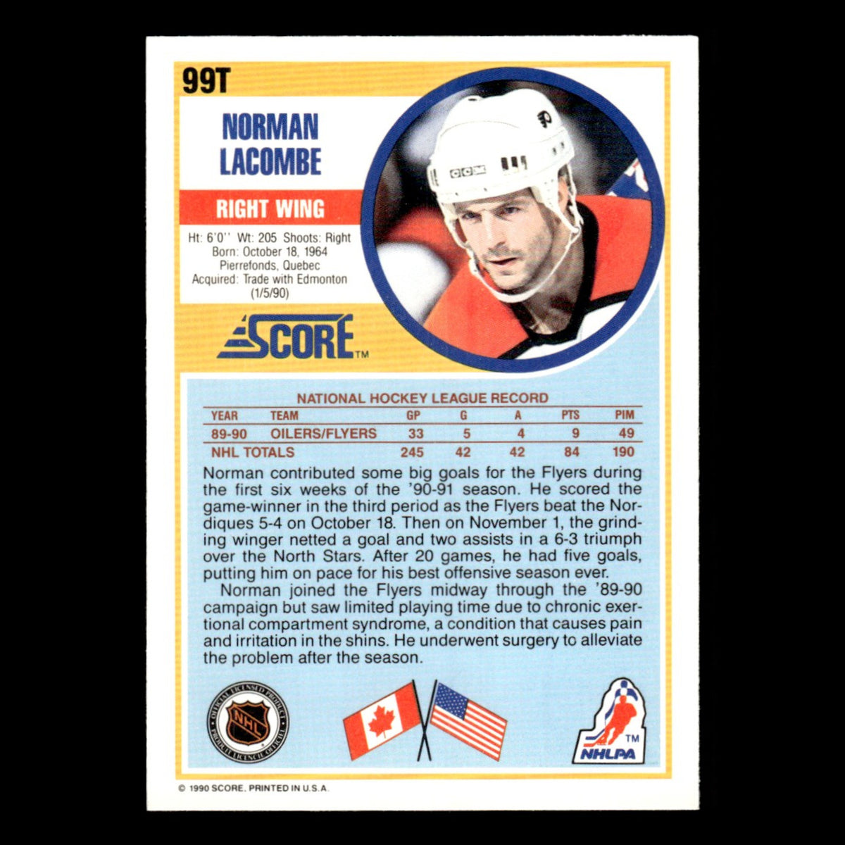 Normand Lacombe Rookie #99T 1990 Score Rookie and Traded Philadelphia Flyers NHL