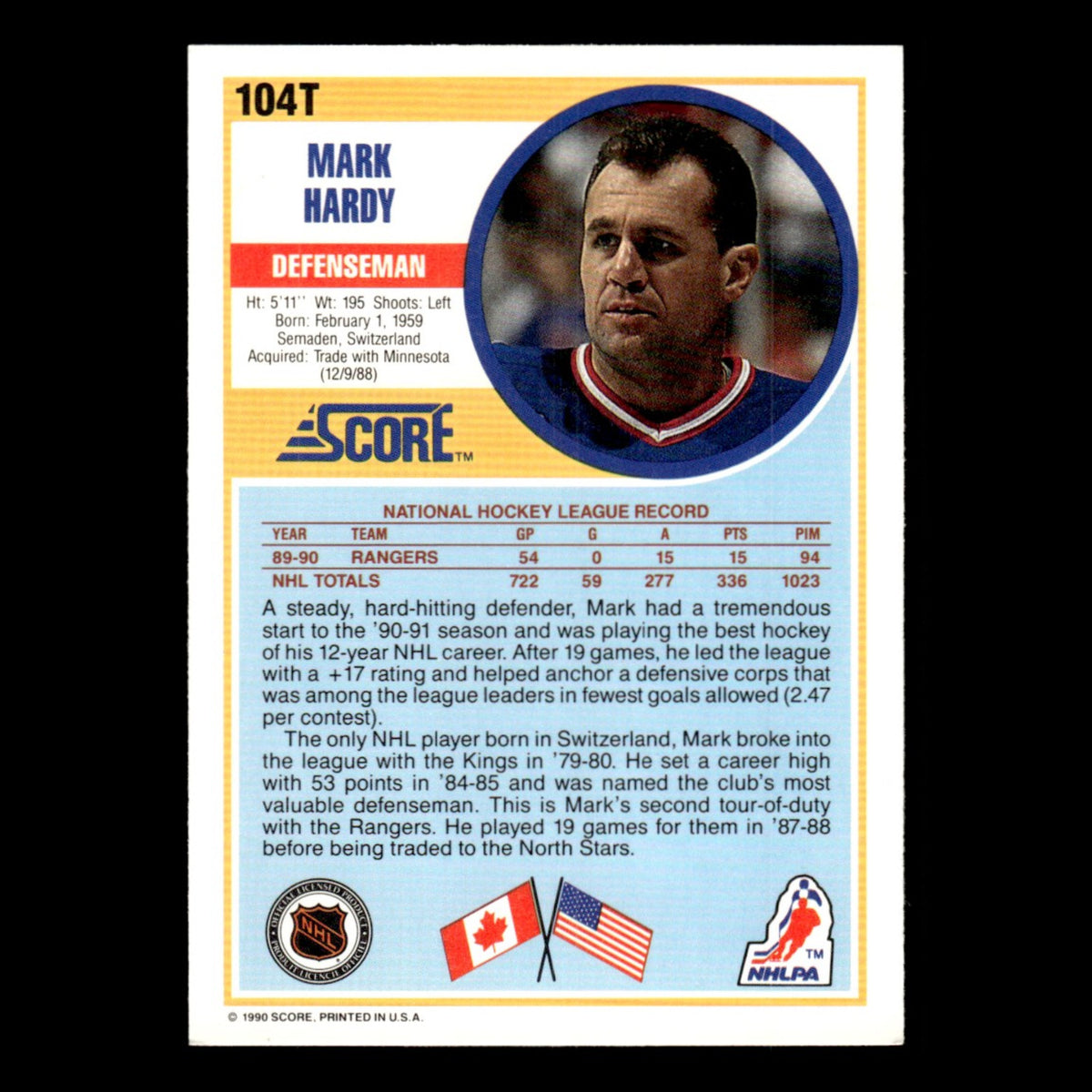 Mark Hardy #104T 1990 Score Rookie and Traded New York Rangers Hockey Card NHL