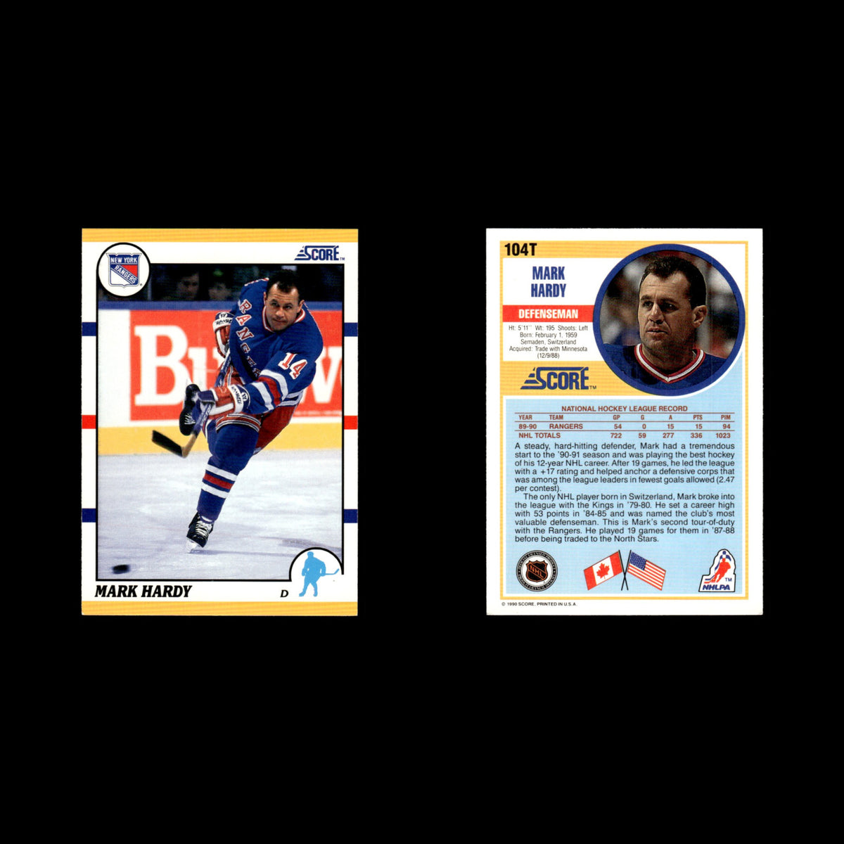 Mark Hardy #104T 1990 Score Rookie and Traded New York Rangers Hockey Card NHL
