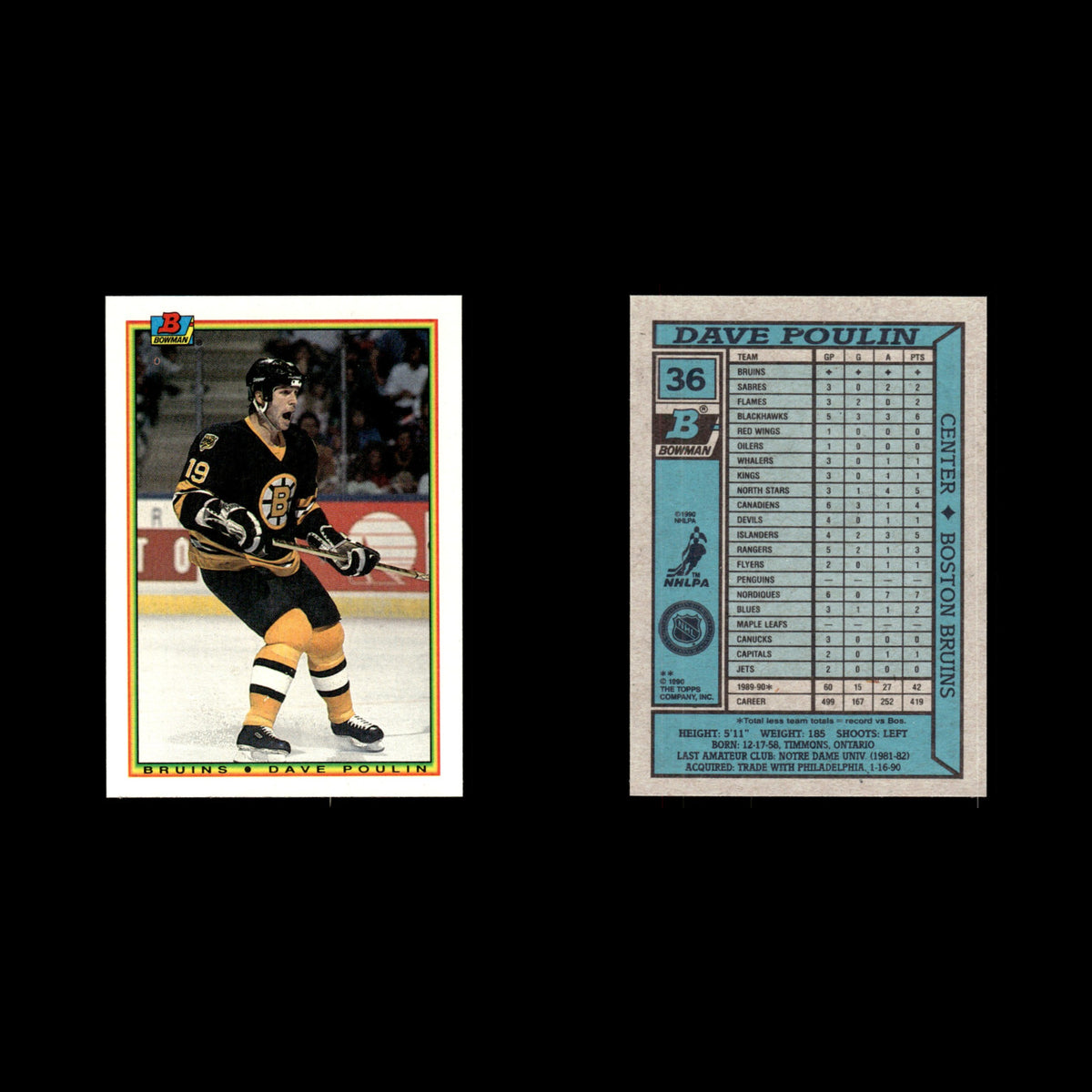 Dave Poulin #36 1990 Bowman Boston Bruins Hockey Card NHL NM