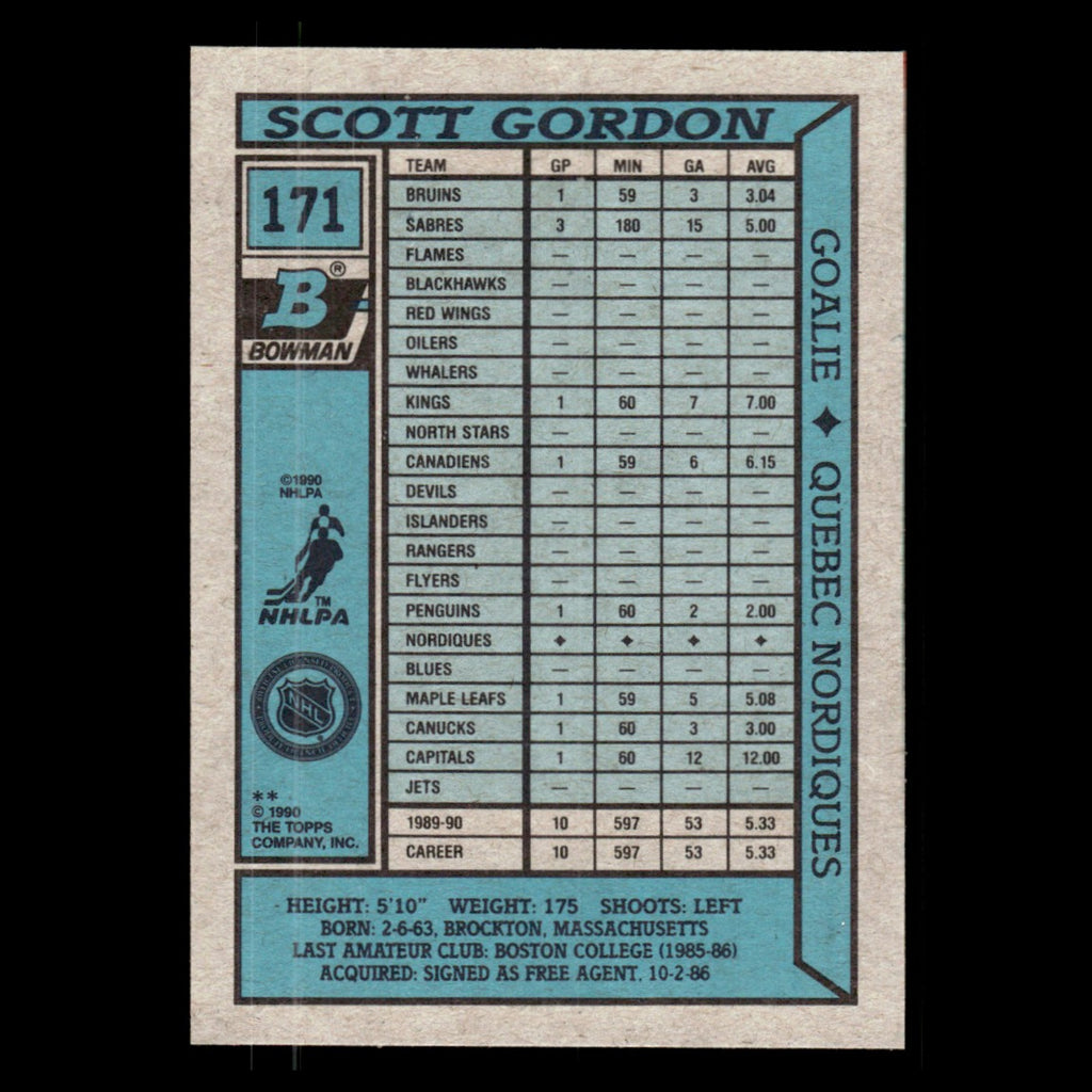Scott Gordon #171 1990 Bowman Quebec Nordiques Hockey Card NHL NM