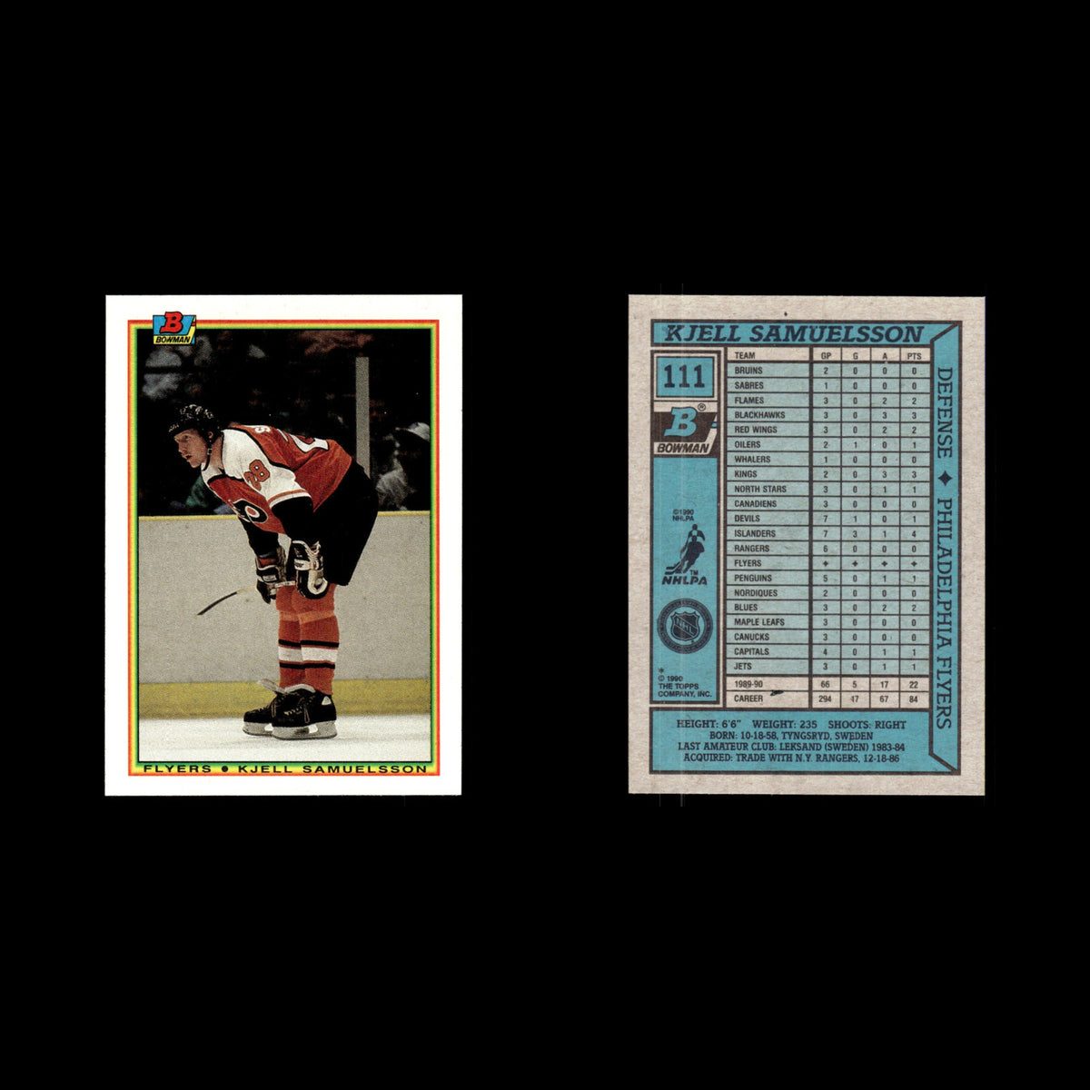 Kjell Samuelsson #111 1990 Bowman Philadelphia Flyers Hockey Card NHL NM
