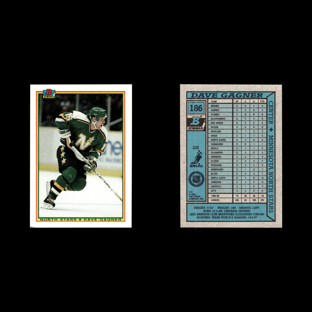 Dave Gagner #186 1990 Bowman Minnesota North Stars Hockey Card NHL NM