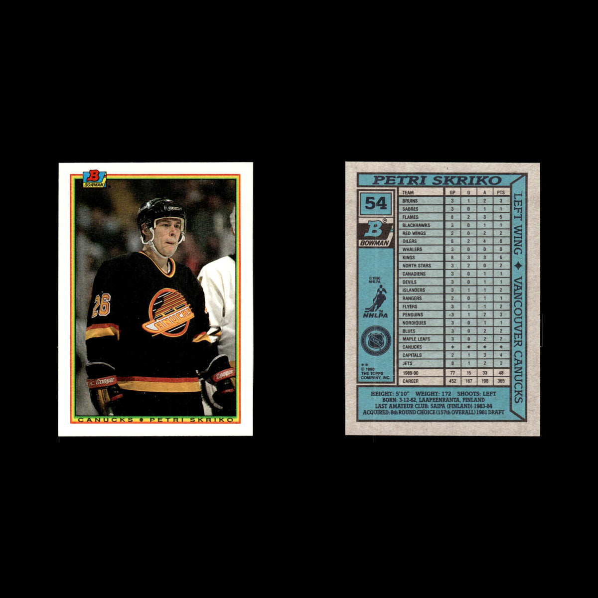 Petri Skriko #54 1990 Bowman Vancouver Canucks Hockey Card NHL NM