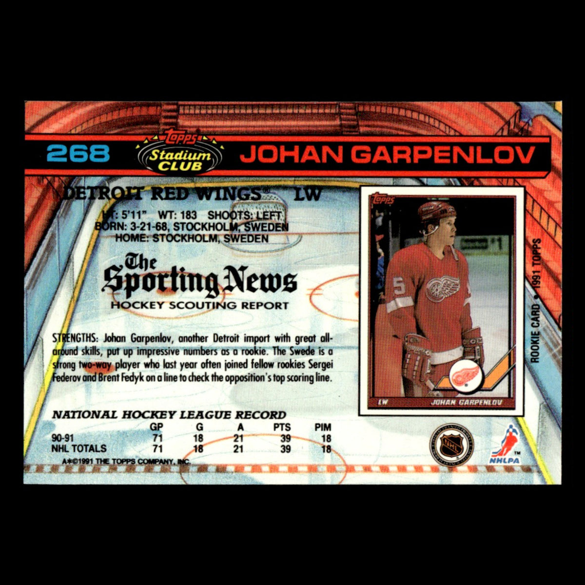 Johan Garpenlov #268 1991 Stadium Club Detroit Red Wings Hockey Card NHL NM